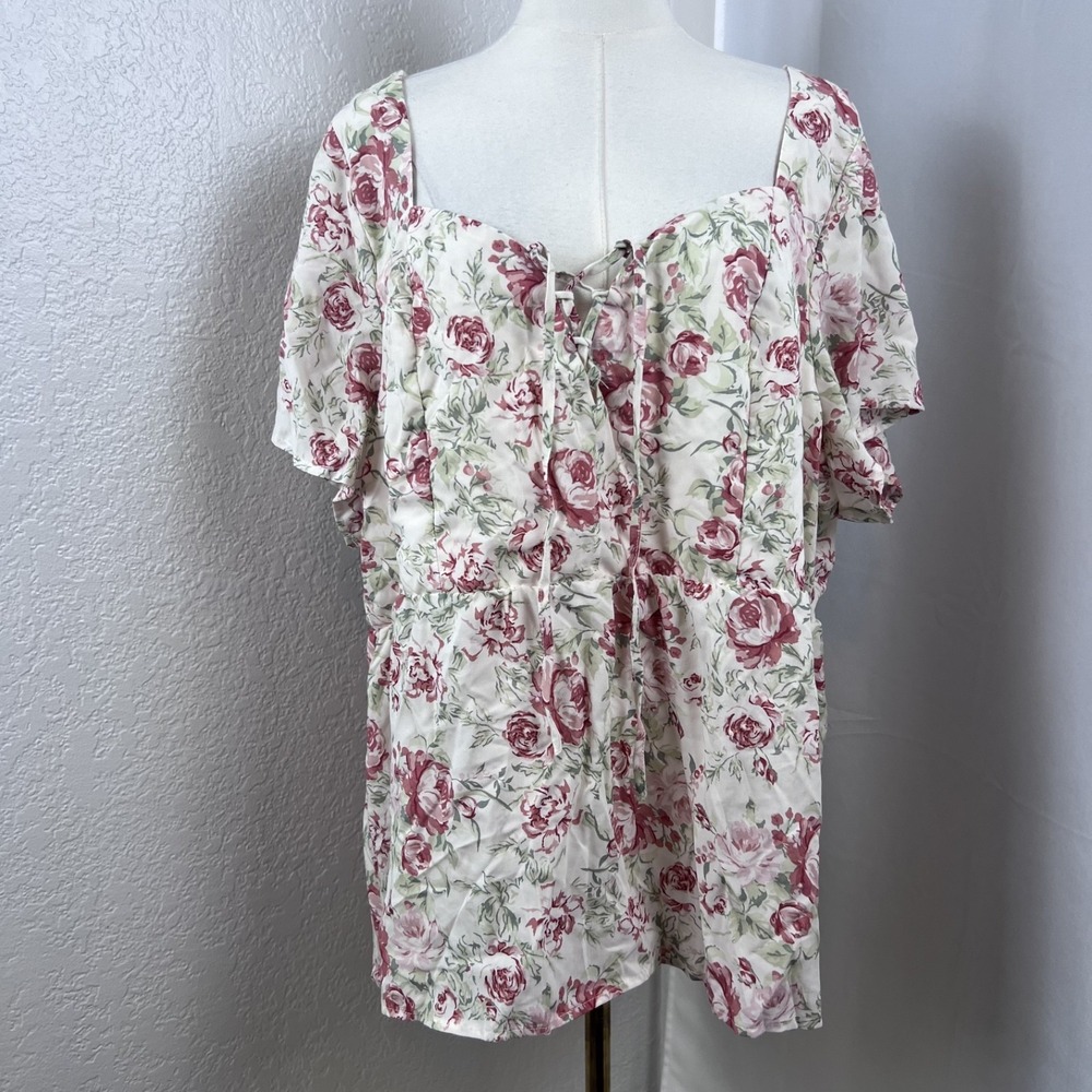 Torrid Babydoll Top Womens 3 Cream Pink Floral Lace Up Romantic Boho Cottage